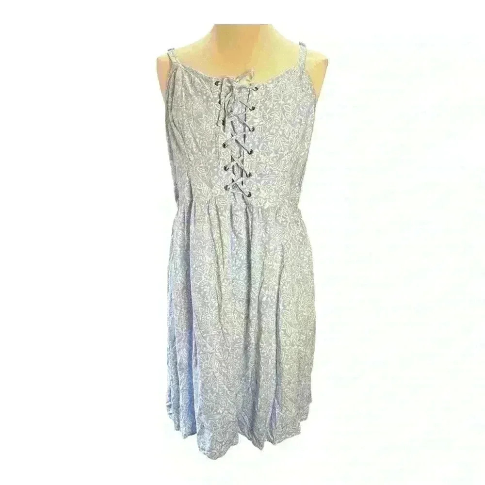 Torrid Floral Print Lace Up Challis Tank Dress Blue - Picture 4 of 6